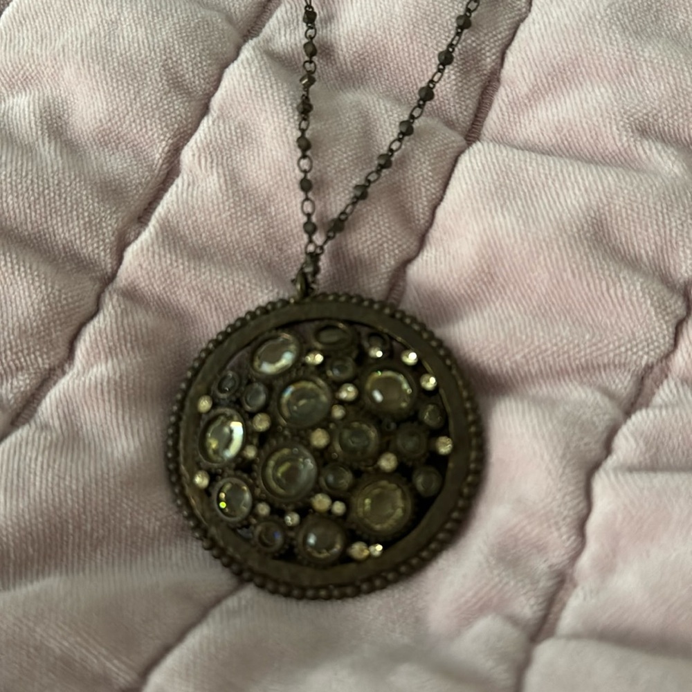 Sorrelli Long Necklace Brass with Circle Rhinestone Medallion